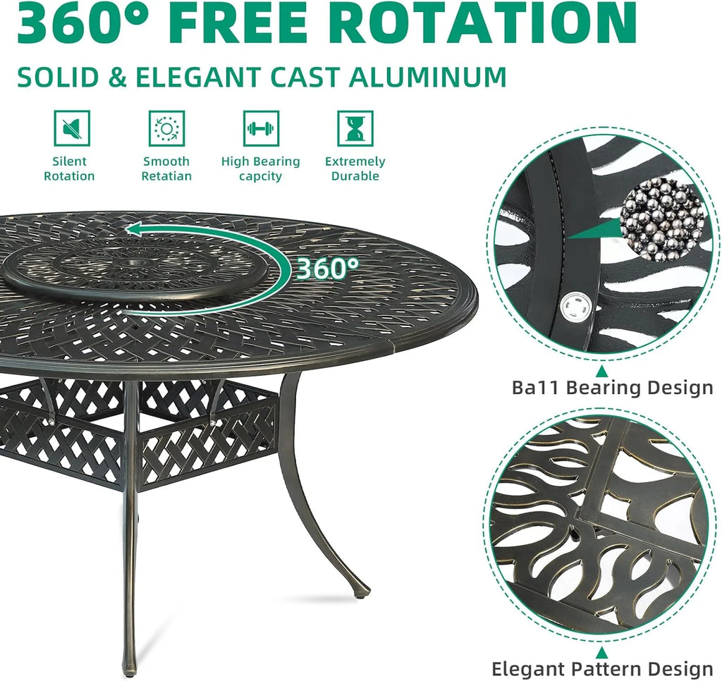 VIVIJASON Outdoor 61" Patio Dining Table for 6-8 Person, Large Patio Round Dining Table with 24" Lazy Susan, Dark Bronze Cast Aluminum Rustic Patio Table W/Umbrella Hole for Balcony, Porch and Deck