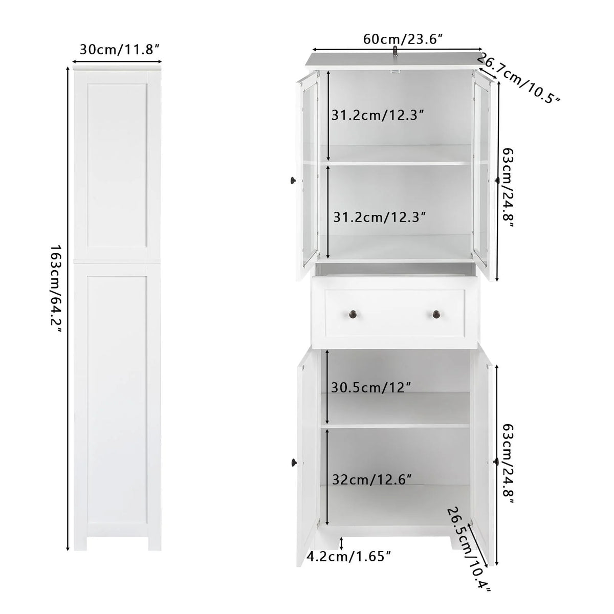 Ktaxon 64" Tall Bathroom Storage Cabinet Organizer, Freestanding Kitchen Pantry Cabinet Line Tower with 2 Glass Doors, Large Drawer & 4 Adjustable Shelves for Dining Room Living Room Home Office,White