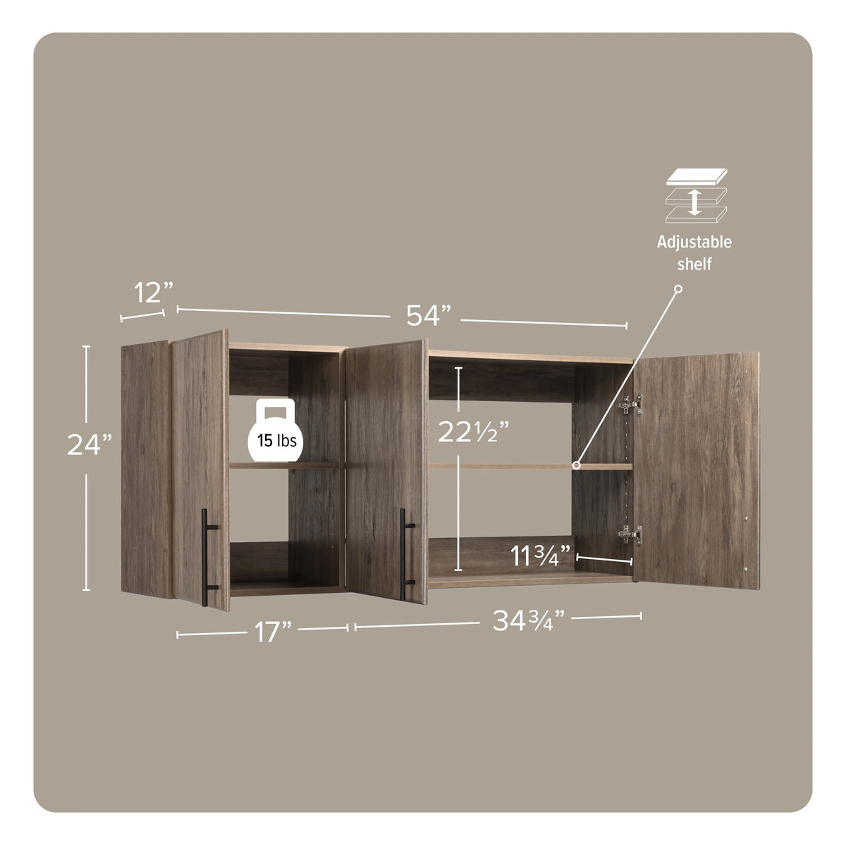 Prepac Elite Wall Cabinet, Versatile Adjustable Garage Wall Cabinet by Prepac, Tall 3-Door, 54"W x 24"H x 12"D, BEW-5424, Black