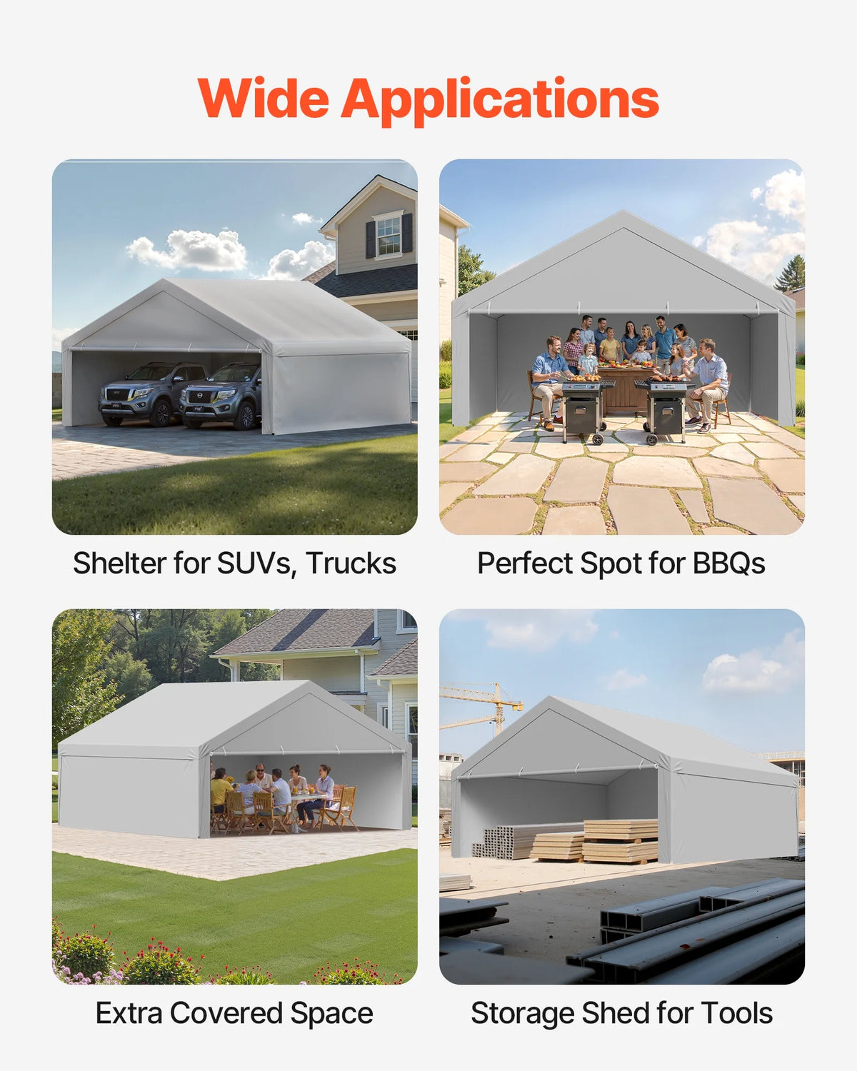 VEVOR Carport Replacement Canopy, 20 x 20 ft Potable Garage Tent Top Tarp with Sidewalls, UV-Resistant & Waterproof, Heavy Duty Car Shelter Tarp with Ball Buggees, Grey, Frame Not Included