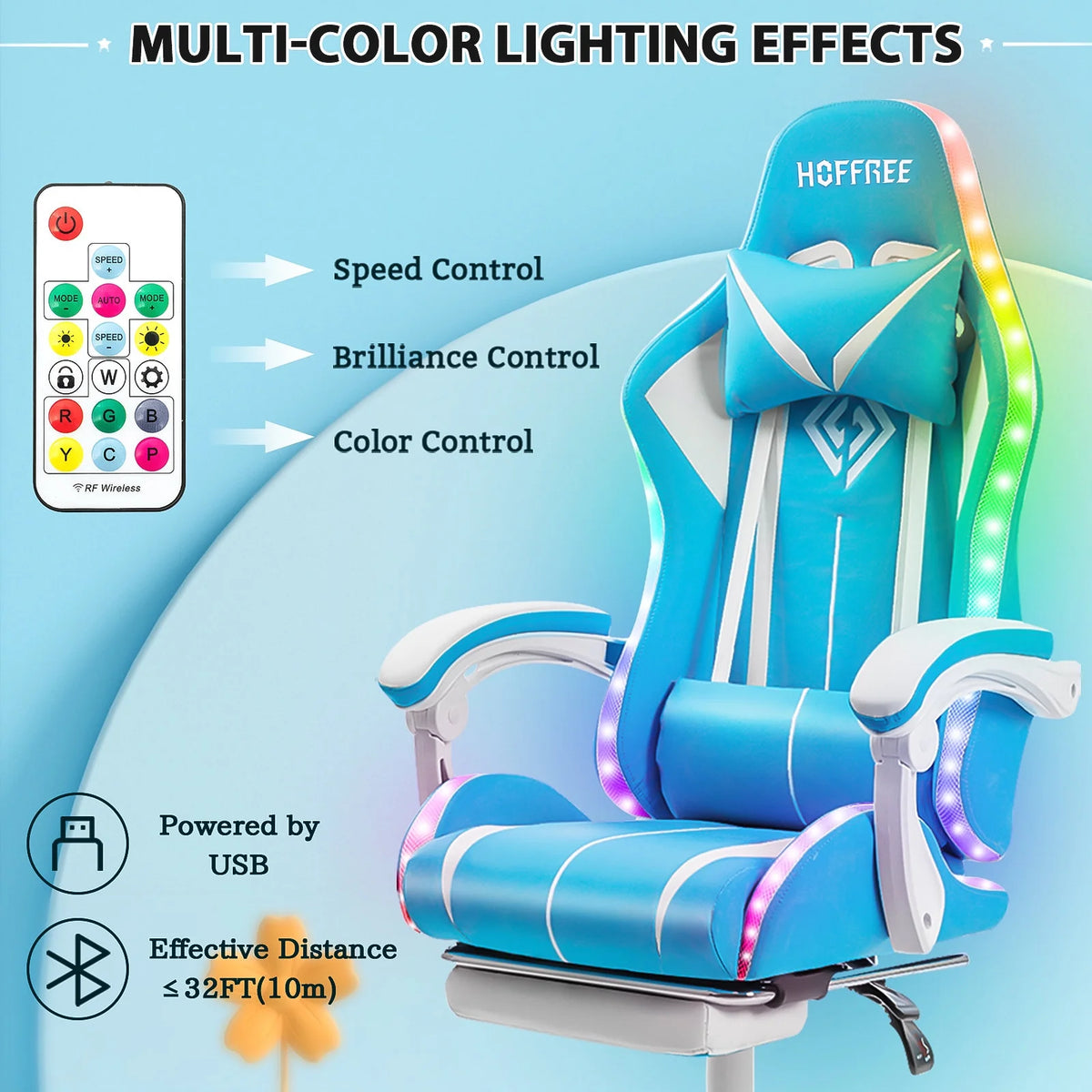 Hoffree Gaming Chair with Bluetooth Speakers and Footrest Massage Office Chair with LED Lights Ergonomic Game Chair High Back with Lumbar Support and Headrest Adjustable Swivel for Adults 300lb