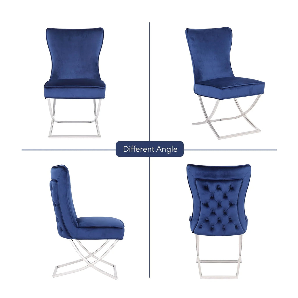 Foredo Elegant Velvet Dining Chairs Set of 2,  Luxury Upholstered Dining Chair with Metal Legs, X-Legs Tufted Side Chair for Dining Room Living Room, Dark Blue