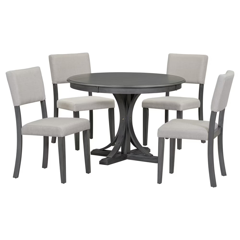 5 Piece Retro Round Dining Table Set with 4 Upholstered Chairs, Wood Dining Table with Curved Trestle Style Legs
