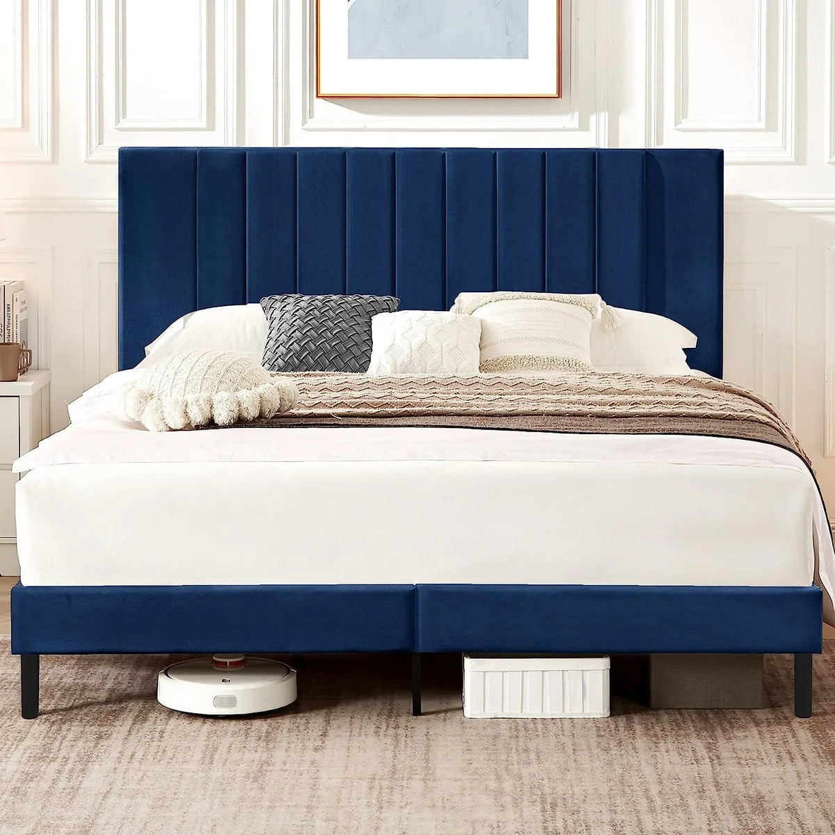 Flolinda King Bed Frame Upholstered Bed Frame with Vertical Channel Tufted Complete High Headboard, Blue