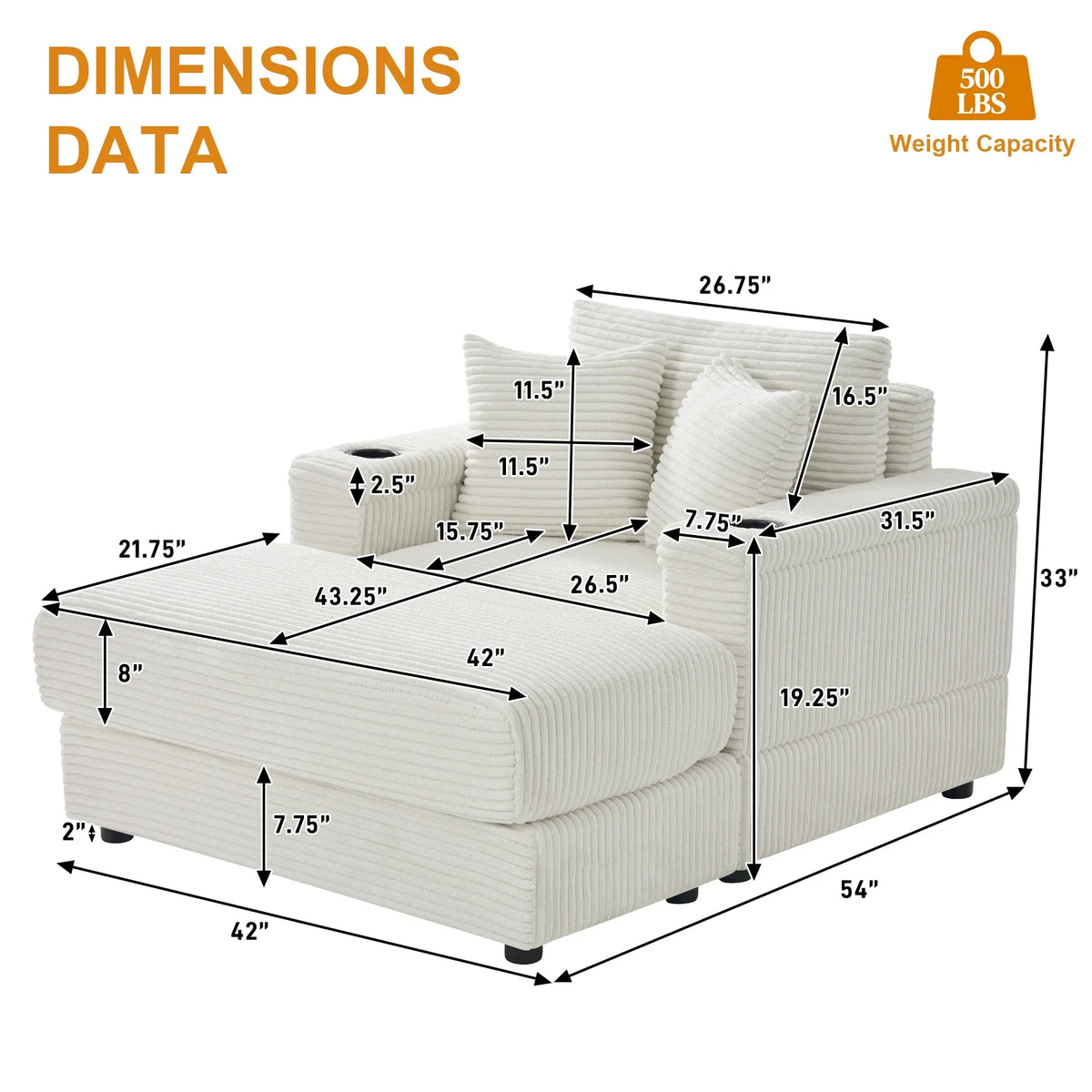 Wiilayok Oversized Lounge Chair Indoor,54" Corduroy Cloud Chaise Lounge Couch Indoor with Ottoman,Cup Holder for Living Room,Bedroom,Beige