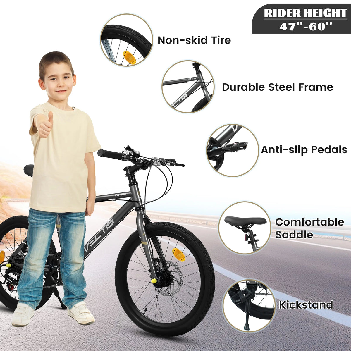 20 Inch Kids Bike for Boys Girls, 7-Speed Children Road Bike with Steel Frame and Dual Disc Brakes, Kids Road Bicycle for Ages 6-12 Years Old Birthday Gift, Silver