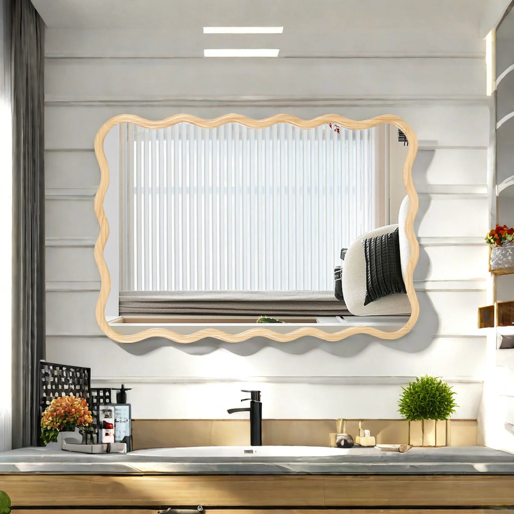 Solid Wood Wavy Frame Modern Mirror - 40x28 Inches Durable Farmhouse Wall Decor for Bathroom, Living Room & Entryway with Easy Install