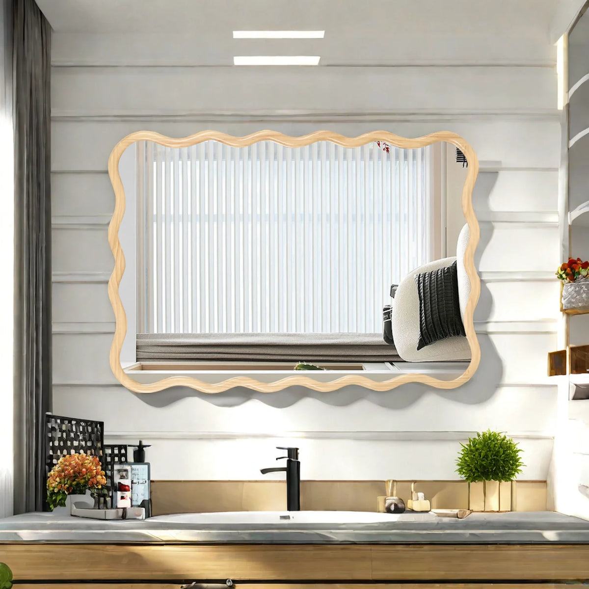 Solid Wood Wavy Frame Modern Mirror - 40x28 Inches Durable Farmhouse Wall Decor for Bathroom, Living Room & Entryway with Easy Install