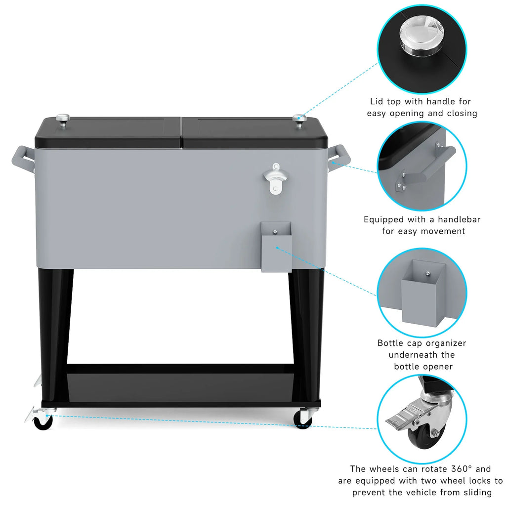 FreeLung 80QT Rolling Cooler Cart with Wheels Ice Chest Outdoor Backyard Coolers on Wheels Silver
