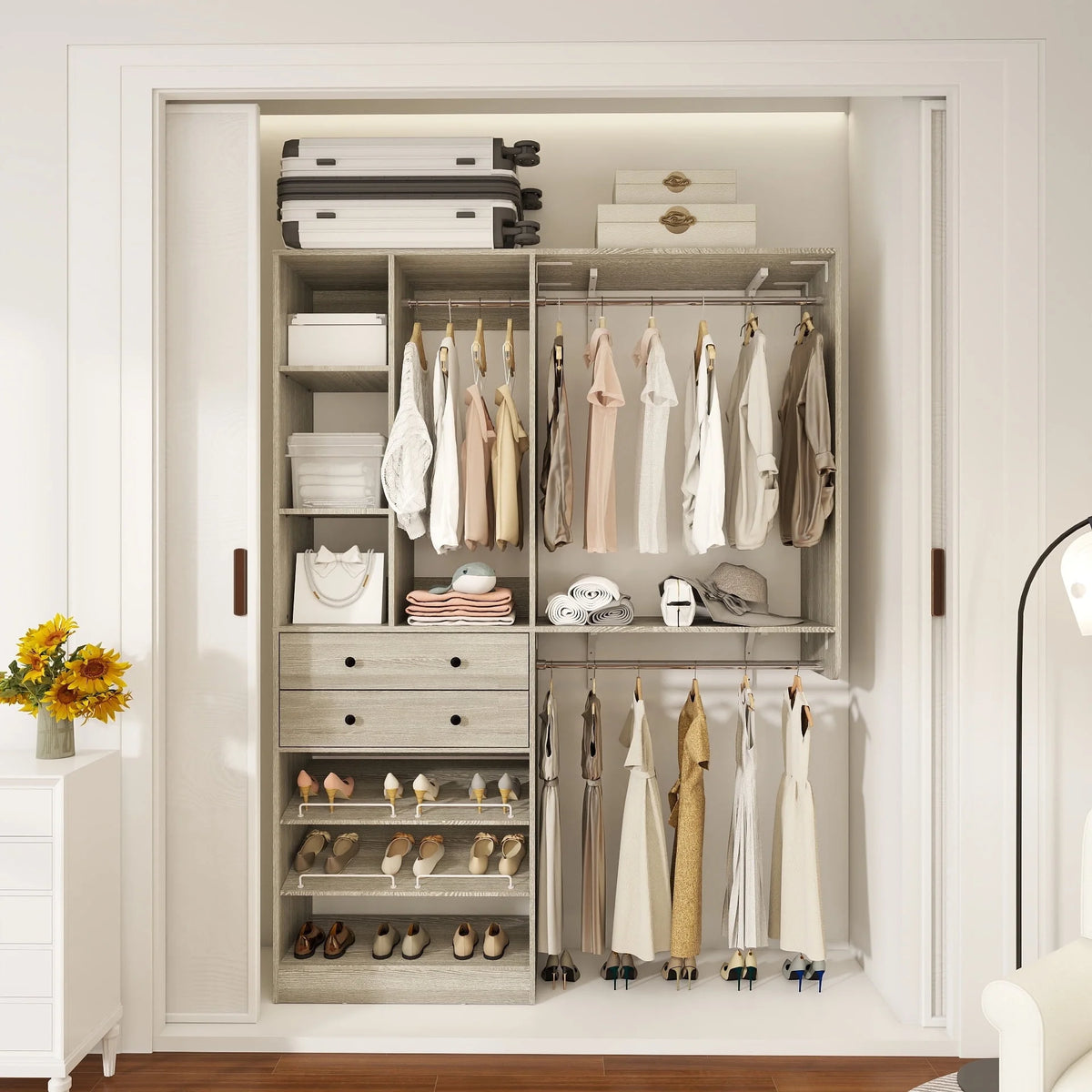 iSunirm 5FT Closet System with Drawers,5FT Closet System with Drawers, 60" Closet Organizer System with 2 Hanging Shelving Perfect Storage Solution for Organizing Your Closet