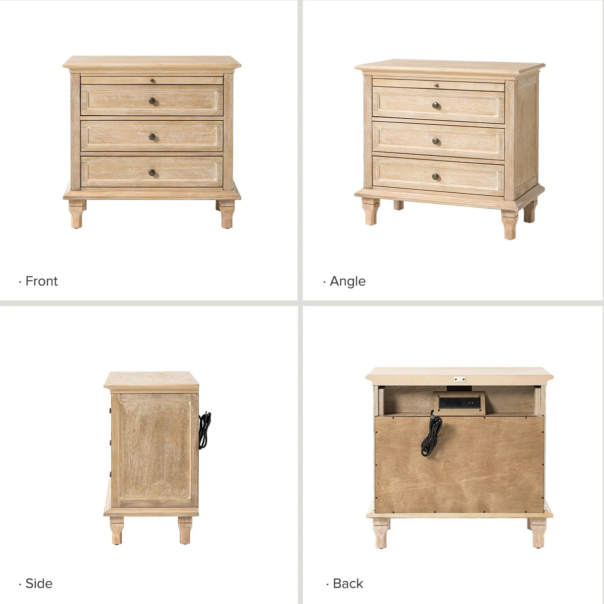 Farmhouse 3 Drawers Nightstand with Tray Bedside Table with Charging Station Acorn