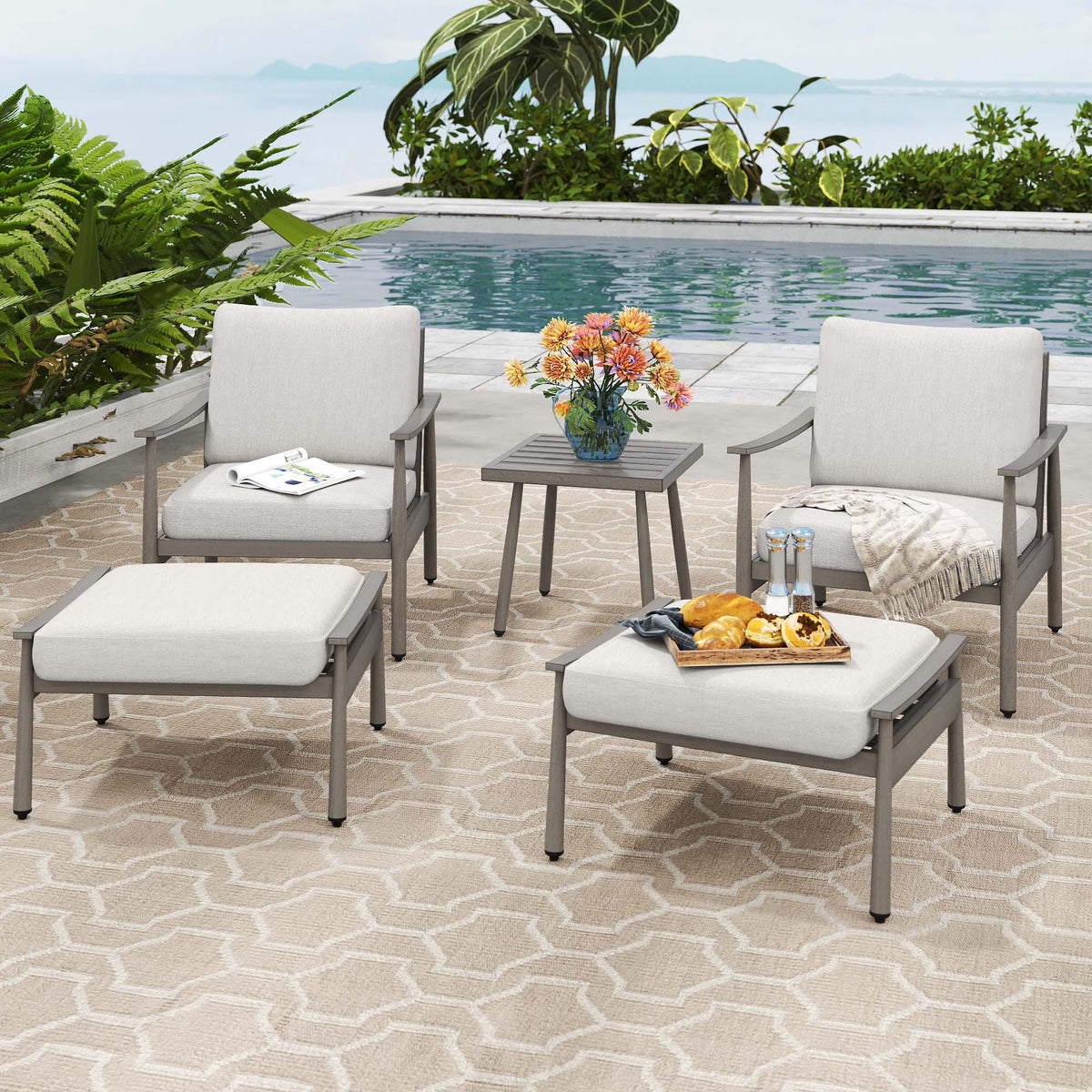 HAPPATIO Aluminum Outdoor Furniture Set - 5 Pieces Patio Furniture Set Includes 1 Side Table, 2 Swivel Chairs and 2 Ottomans with Thick Cushion, Patio Conversation Set for Backyard Poolside (Grey)