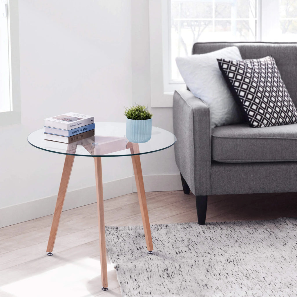 Ivinta Modern Round Glass Home Kitchen Small Dining Table Brown Oak Legs 31.5 inch