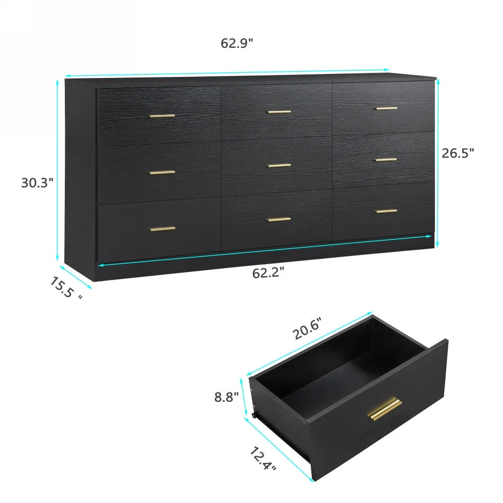 Aukfa Wood 9 Drawer Dresser for Bedroom, Long Chest of 9 Drawers TV Stand,Black