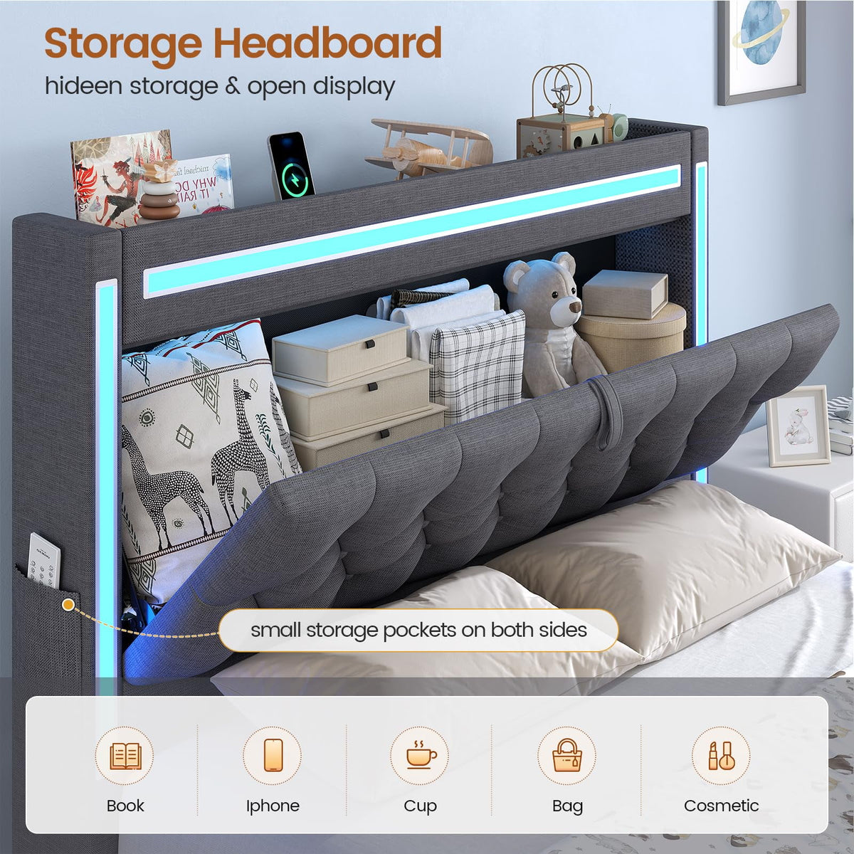 Platform Bed Twin Size with Storage Drawers and Headboard,, Twin Size Velvet Upholstered Bed with RGB Lighting and Power Outlet, No Box Spring Needed, Noise-Free, White