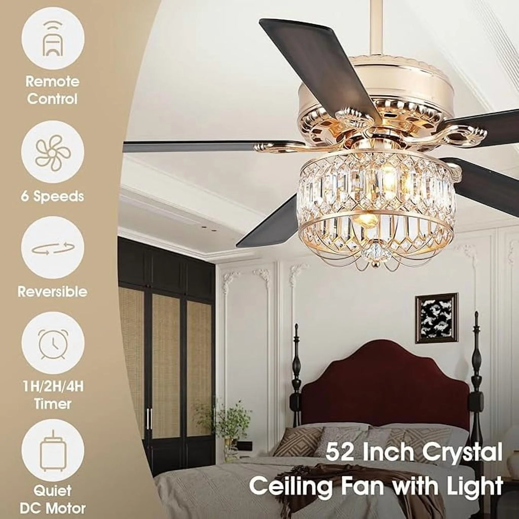 Kviflon 52" Farmhouse Ceiling Fan with Lights & Remote, Crystal Chandelier, Wood Blades, Quiet Motor, 6-Speed, Timer, Modern Lighting for Living Room, Bedroom, Dining Room, Chrome Finish