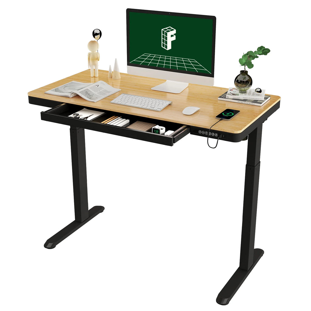 FLEXISPOT 48" W Home Office Height Adjustable Standing Desk White and Maple with USB Charge Ports and Embedded Drawer