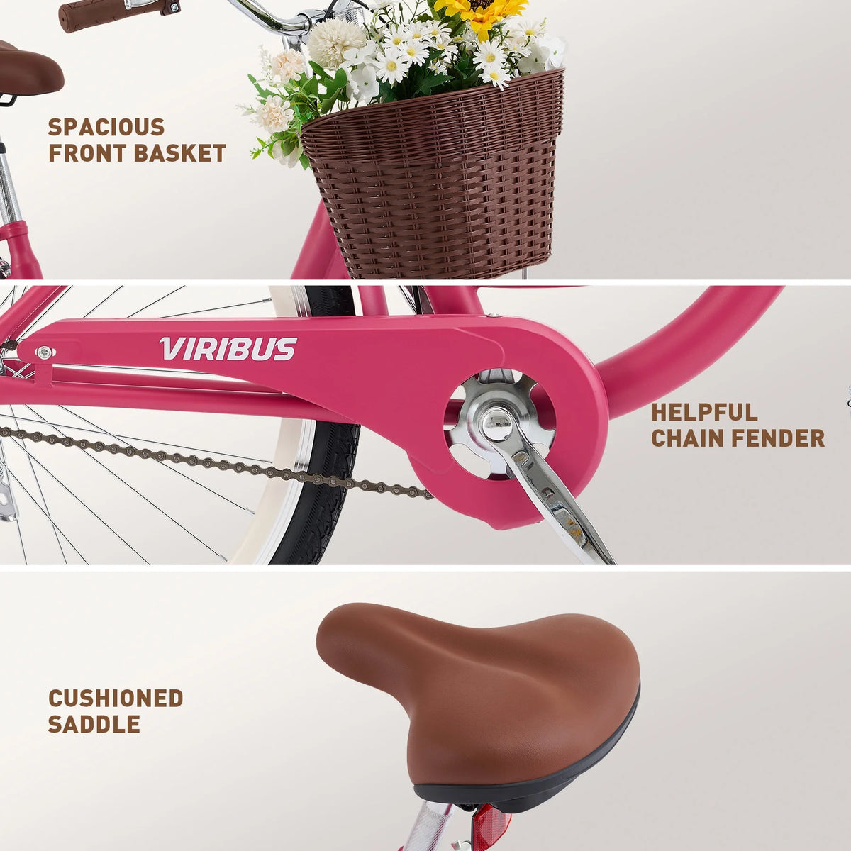 Viribus Women's Comfort Bike 24 inch Beach & City Cruiser Bicycle with Basket Rack White
