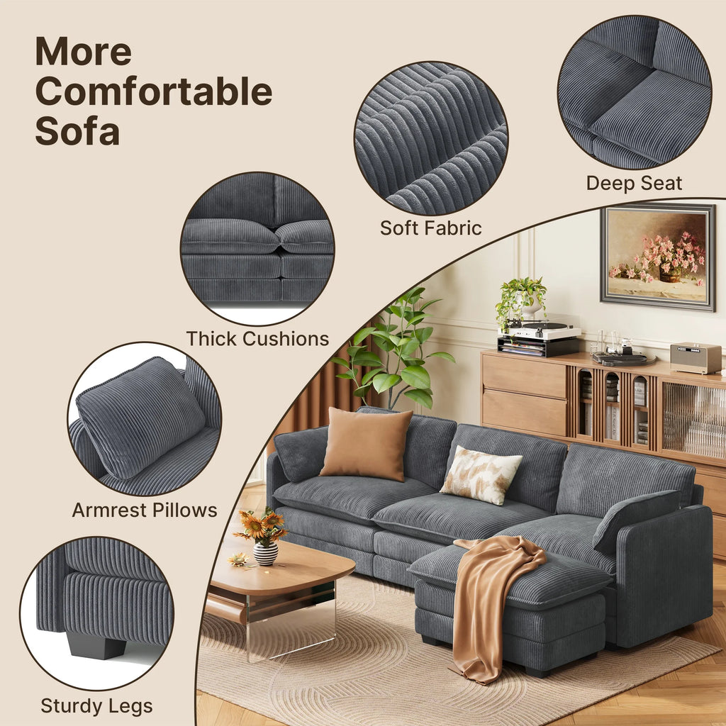 110" Sectional Sofa, L-Shaped Sofa Couch with Deep Seat and Movable Footrest Sofa for Office|Living Room, Gray