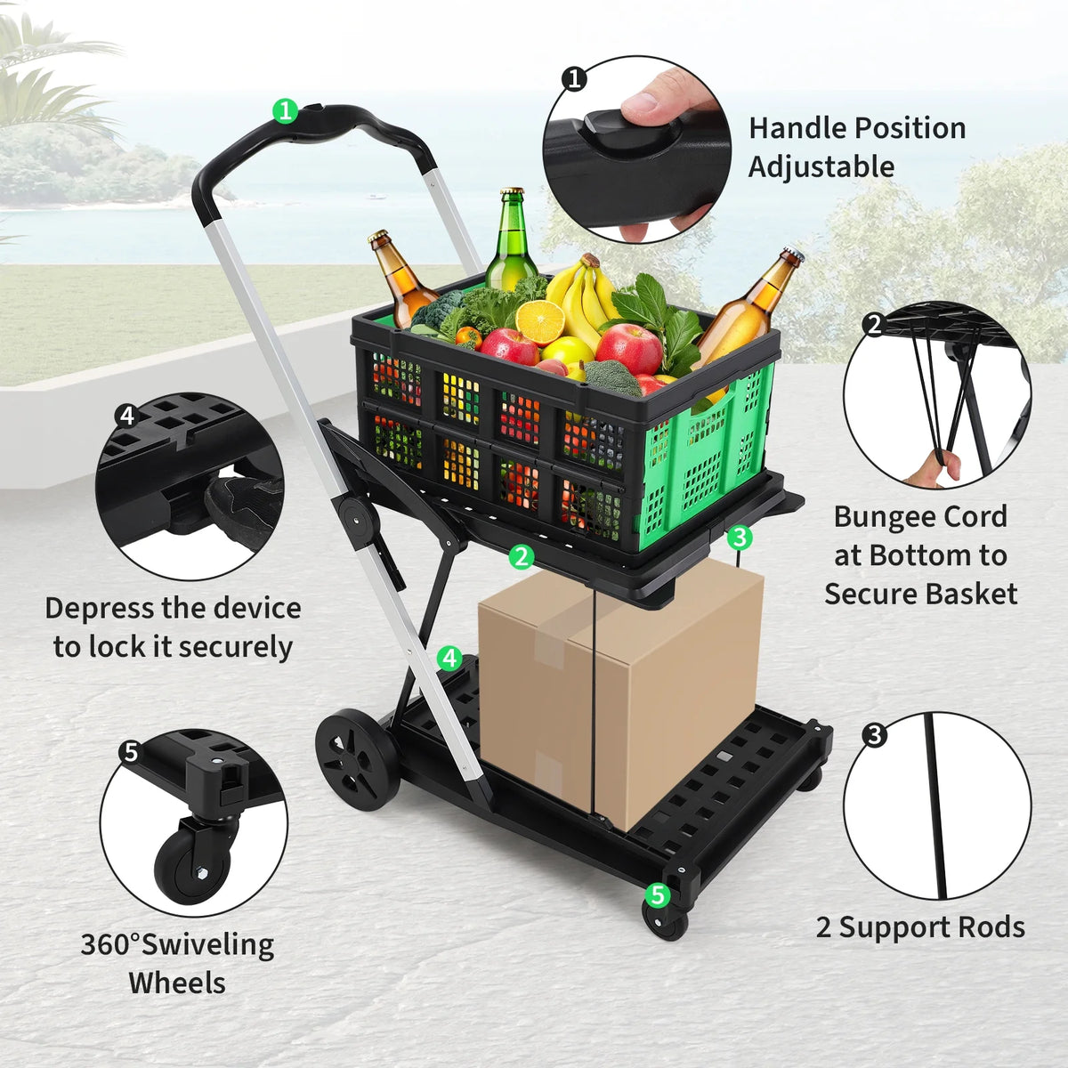 Garvee Foldable Shopping Cart for Groceries, 2-Tier Collapsible Utility Carts with Wheels & Removable Storage Crate, Aluminium & PP, Portable for Supermarket & Home Use