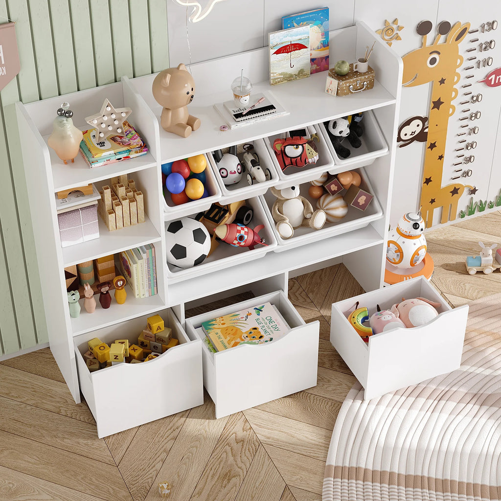 Homfa Kids Bookcase with 6 Storage Bins, Multi-Purpose Toy Organizers Bookshelf with 3 Drawers for Bedroom Nursery Playroom, White