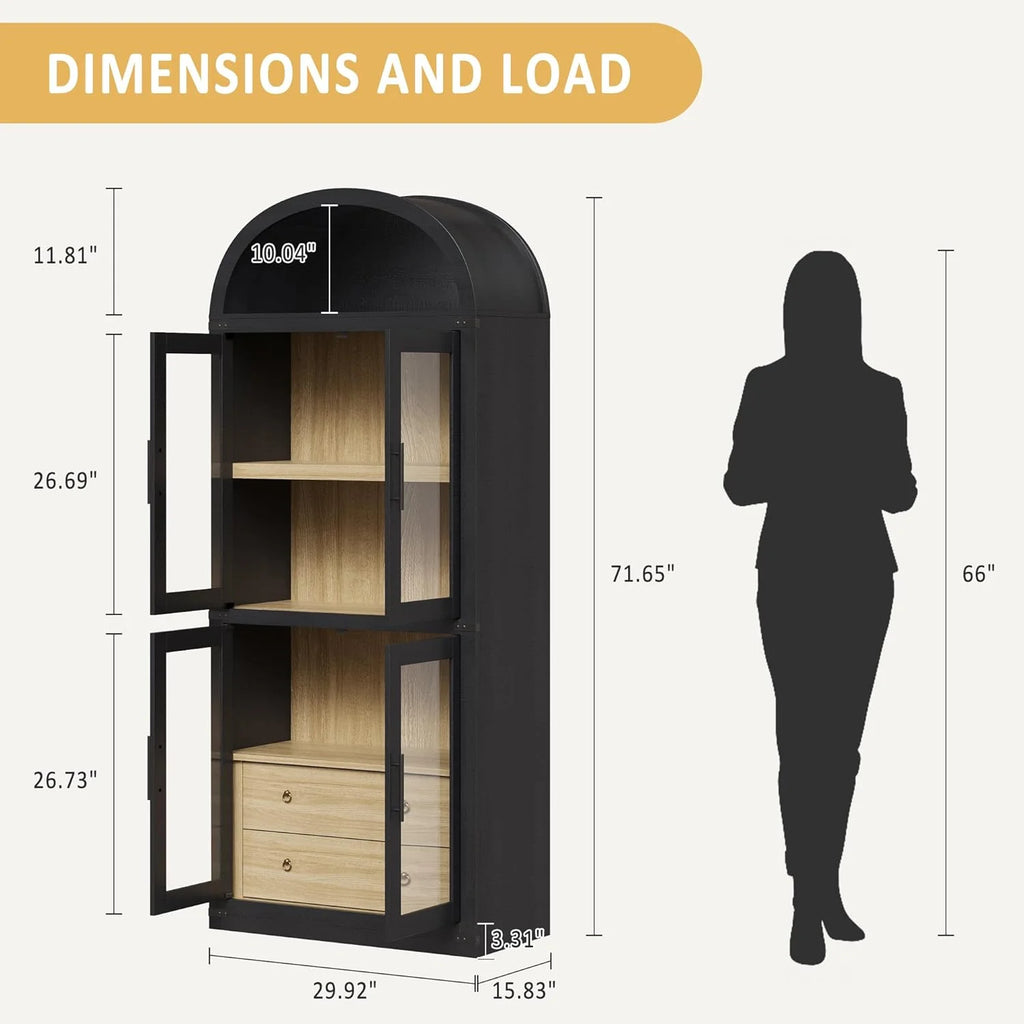 Arched Kitchen Pantry Storage Cabinet with 2 Drawers, 71-Inch Tall Farmhouse Wood Bookcase with 4 Doors for Kitchen Dining Room Bathroom