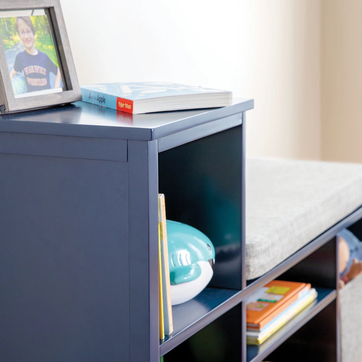 Martha Stewart Kids' Jr. Reading Nook with Bins - Linen White: Kids Wood Bookshelf and Storage Bench with Open Shelves and Canvas Storage Bins for Toys, Games, and Books