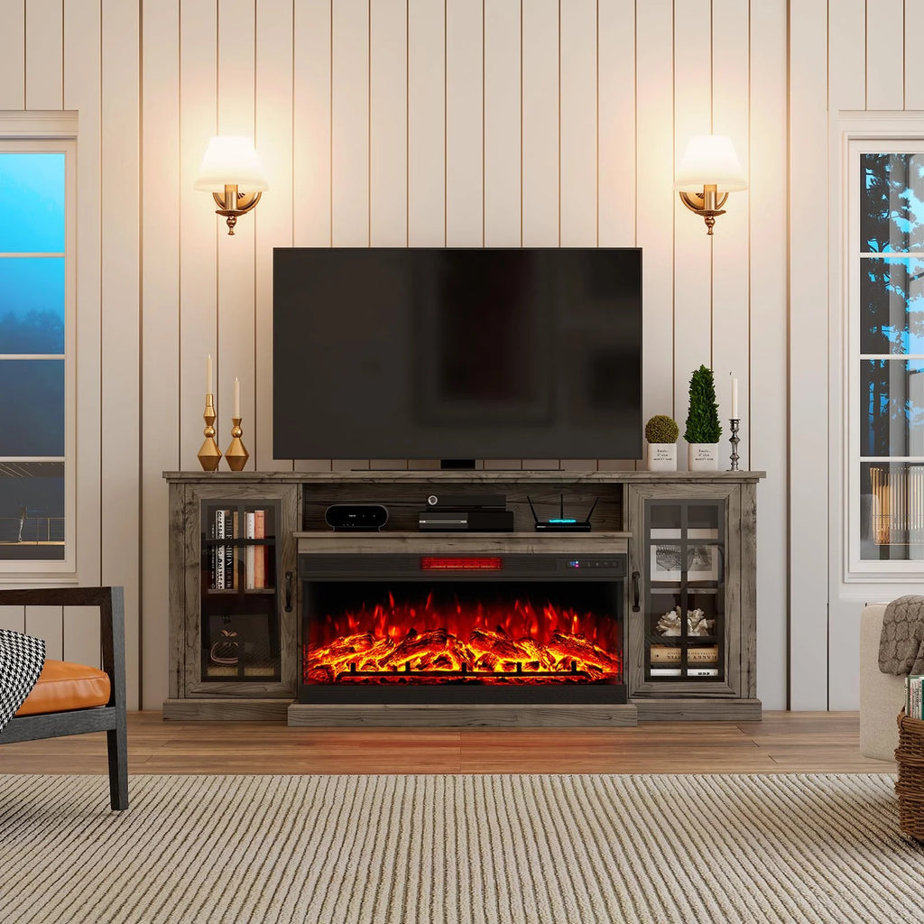 Merluxy 75in 3-Sided Glass Fireplace TV Stand for TVs up to 85", Distressed White