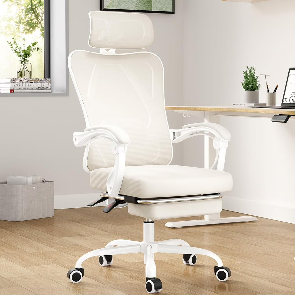 STARY Ergonomic Office Chair with Footrest, High Back Mesh Desk Chair with Adjustable Headrest & Lumbar Support, Comfortable Computer Chair for Home Office Study, White & Beige