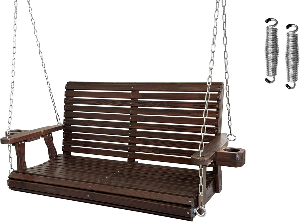 Fortune Candy 3 Person Outdoor Wood Hanging Swing, Heavy Duty 880 lbs Wood Porch Swing, Brown-5ft