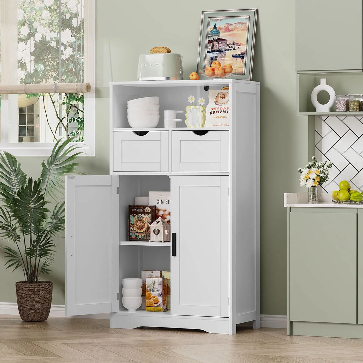 FANGSUM Rattan Storage Cabinet with 2 Drawers & 2 Shelves, Floor Cabinet for Living Room