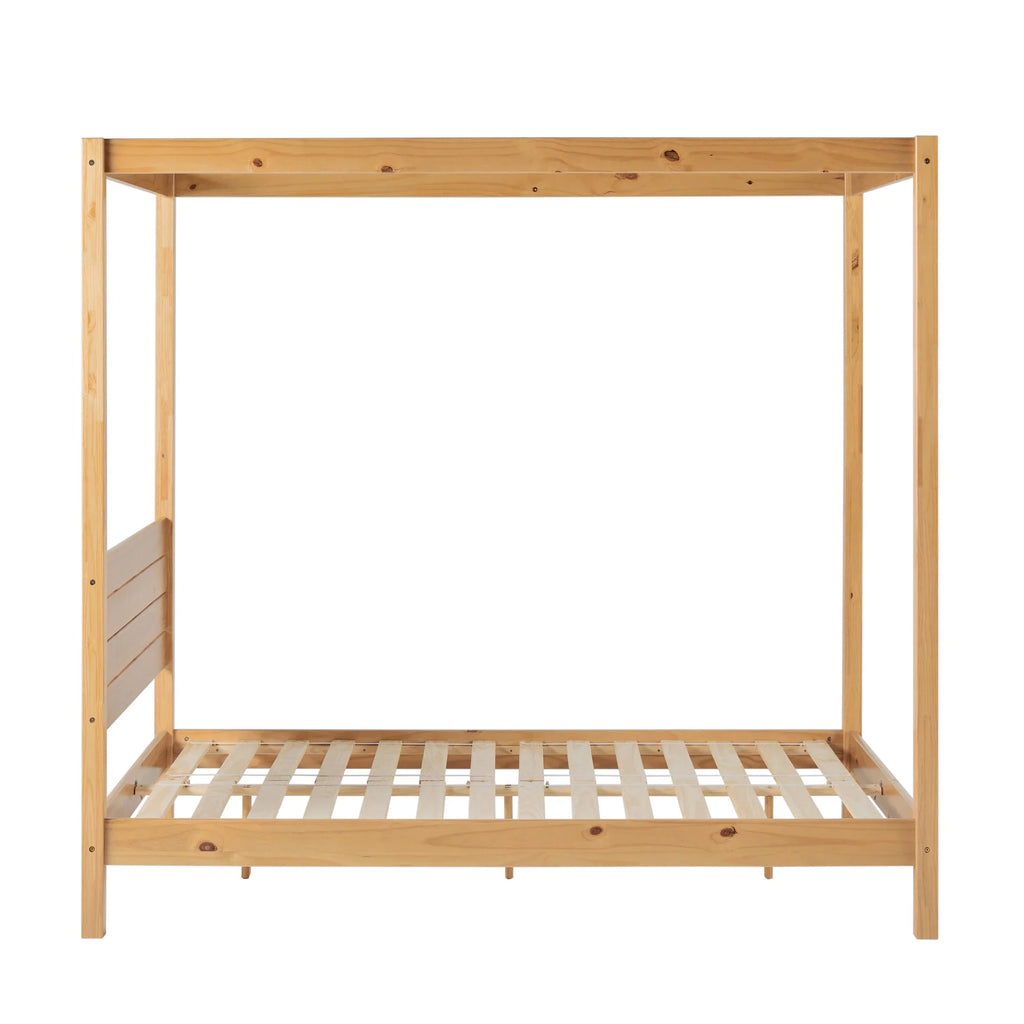 Walker Edison Minimalist Slatted Wood Queen Canopy Bedframe, Natural Pine