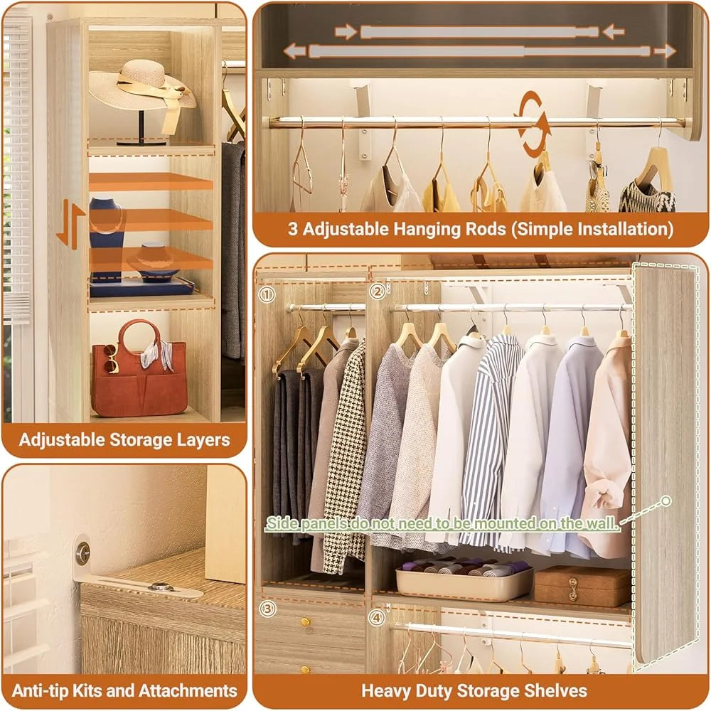 iSunirm 5FT Closet System with Drawers,5FT Closet System with Drawers, 60" Closet Organizer System with 2 Hanging Shelving Perfect Storage Solution for Organizing Your Closet