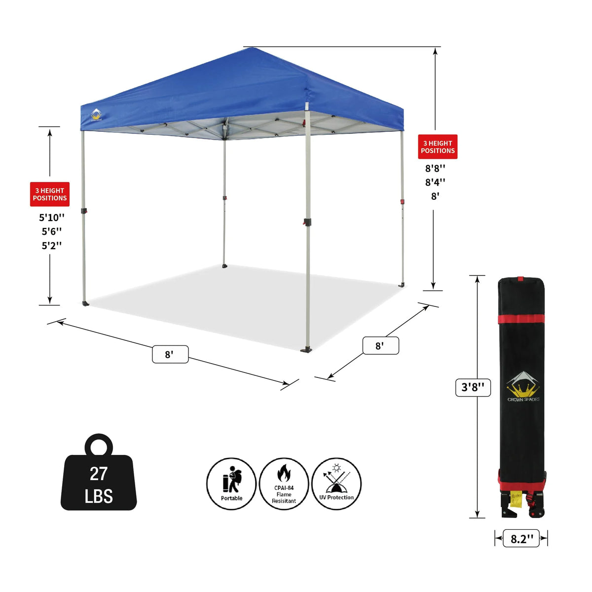 CROWN SHADES 8x8 Pop Up Canopy with One Push Setup Easy Outdoor Sun Shade for Events Parties Camping Forest Green