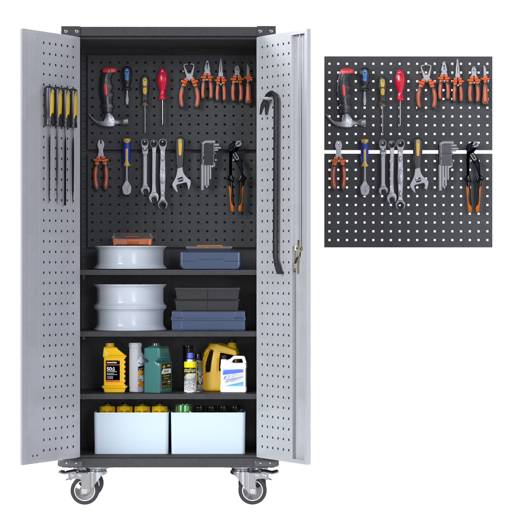 SUPEER 71" Metal Storage Cabinets with Wheels and Pegboards, Industrial Cabinet with 2 Drawers and 2 Adjustable Shelves,, Assembly Required
