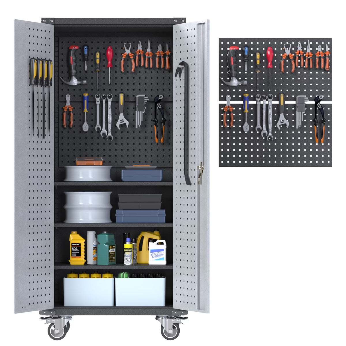 SUPEER 71" Metal Storage Cabinets with Wheels and Pegboards, Industrial Cabinet with 2 Drawers and 2 Adjustable Shelves,, Assembly Required