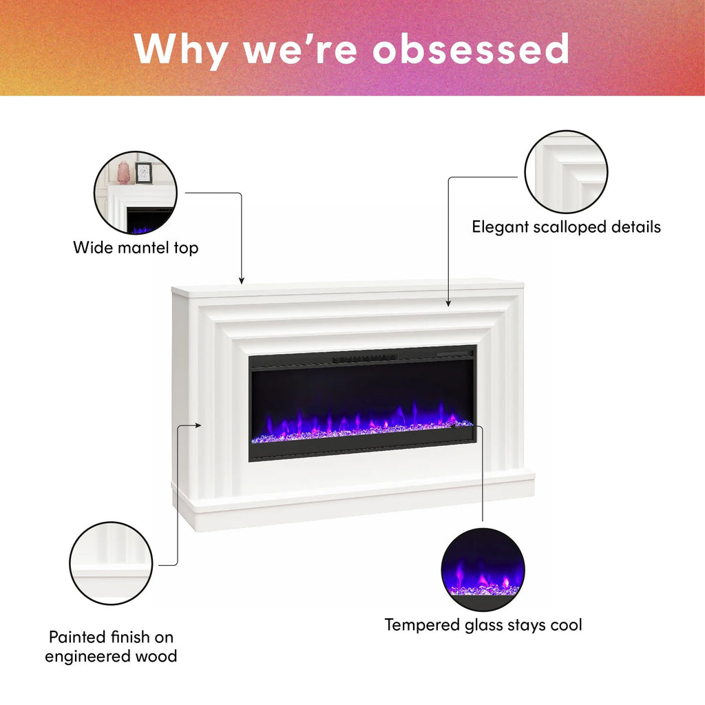 CosmoLiving by Cosmopolitan Rene Electric Fireplace Mantel 65" TV Stand with Multi-Color Flame and Crystal Ember Bed, Black