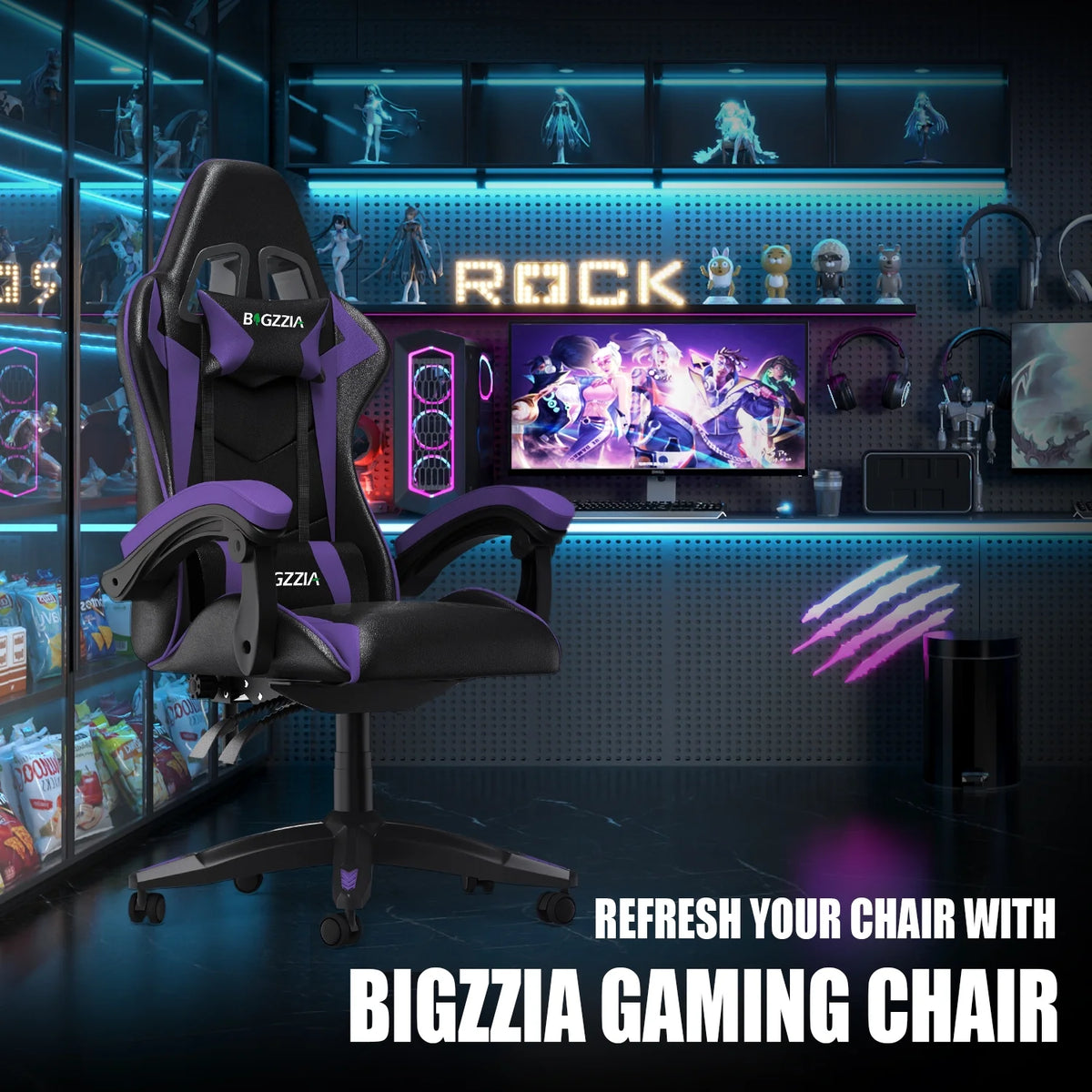 Bigzzia Gaming Chair Office Chair, Ergonomic Game Chair with Height Adjustable Headrest and Lumbar Support for Adults Teens, Black & White