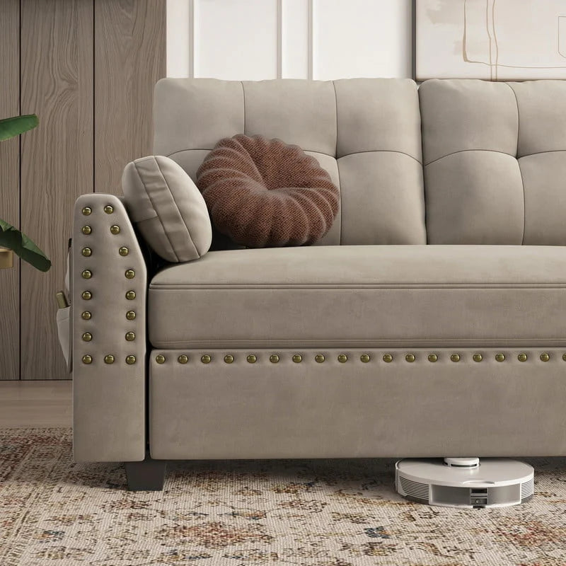 HONBAY Modern Velvet Sofas Set with Storage Ottoman Sectional Sofa in Peal Grey