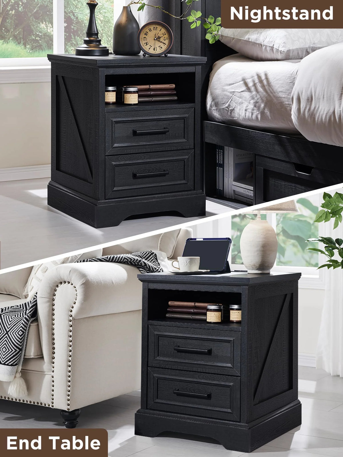 ACCOHOHO Nightstands Set of 2 with Charging Station, Rustic End Table with 2 Drawers Farmhouse Side Table with 3-tier Storage for Bedroom Living Room, White