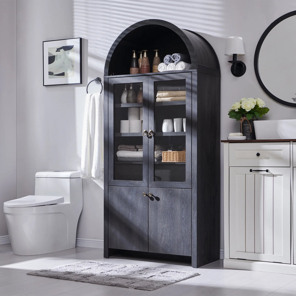 IFGET 71-Inch Arched 4-Tier Bookcase with Glass Doors and Drawers