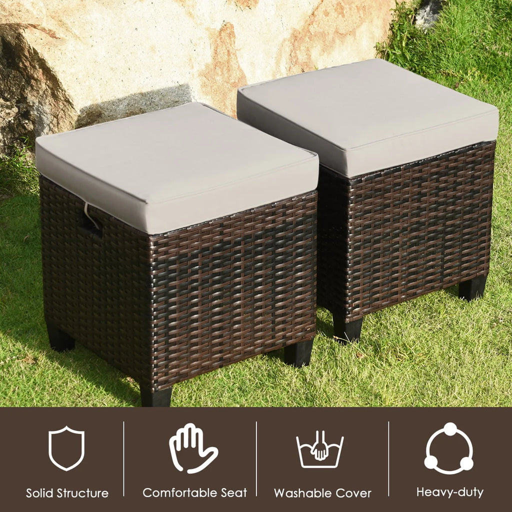 Gymax Set of 2 Patio Rattan Ottoman Footrest Garden Outdoor w/ Brown Cushion