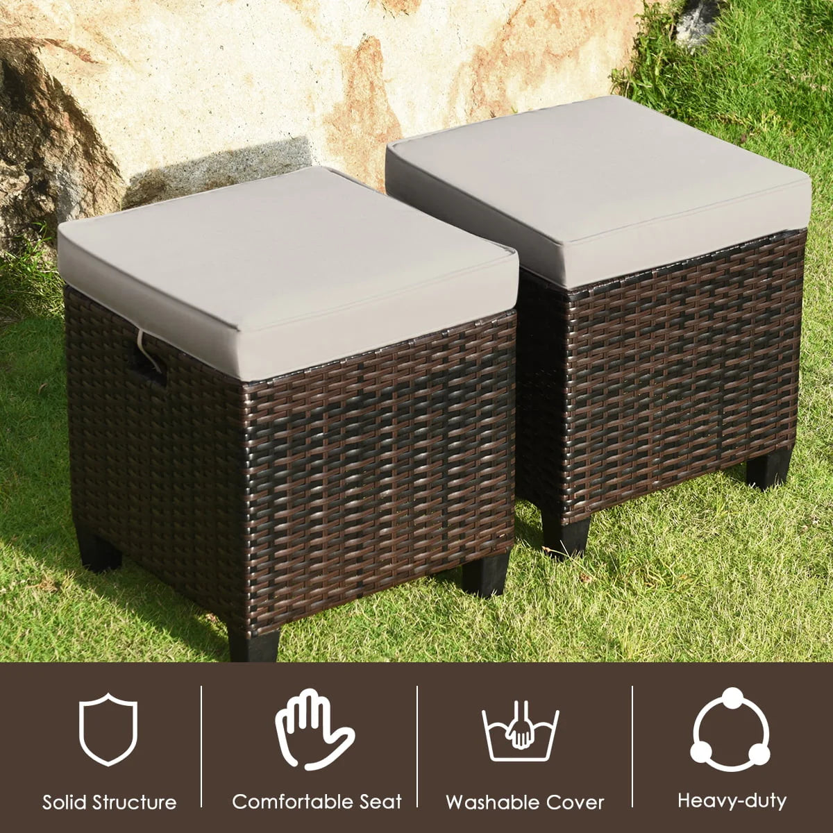 Gymax Set of 2 Patio Rattan Ottoman Footrest Garden Outdoor w/ Brown Cushion