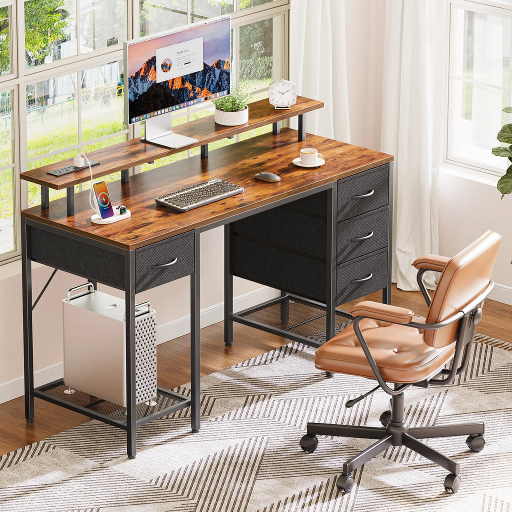 55.1" LED Gaming Desk with Drawers, Computer Desk with Outlets, Office Desk with 4 Drawers, Corner Desk, Writing Desk in White
