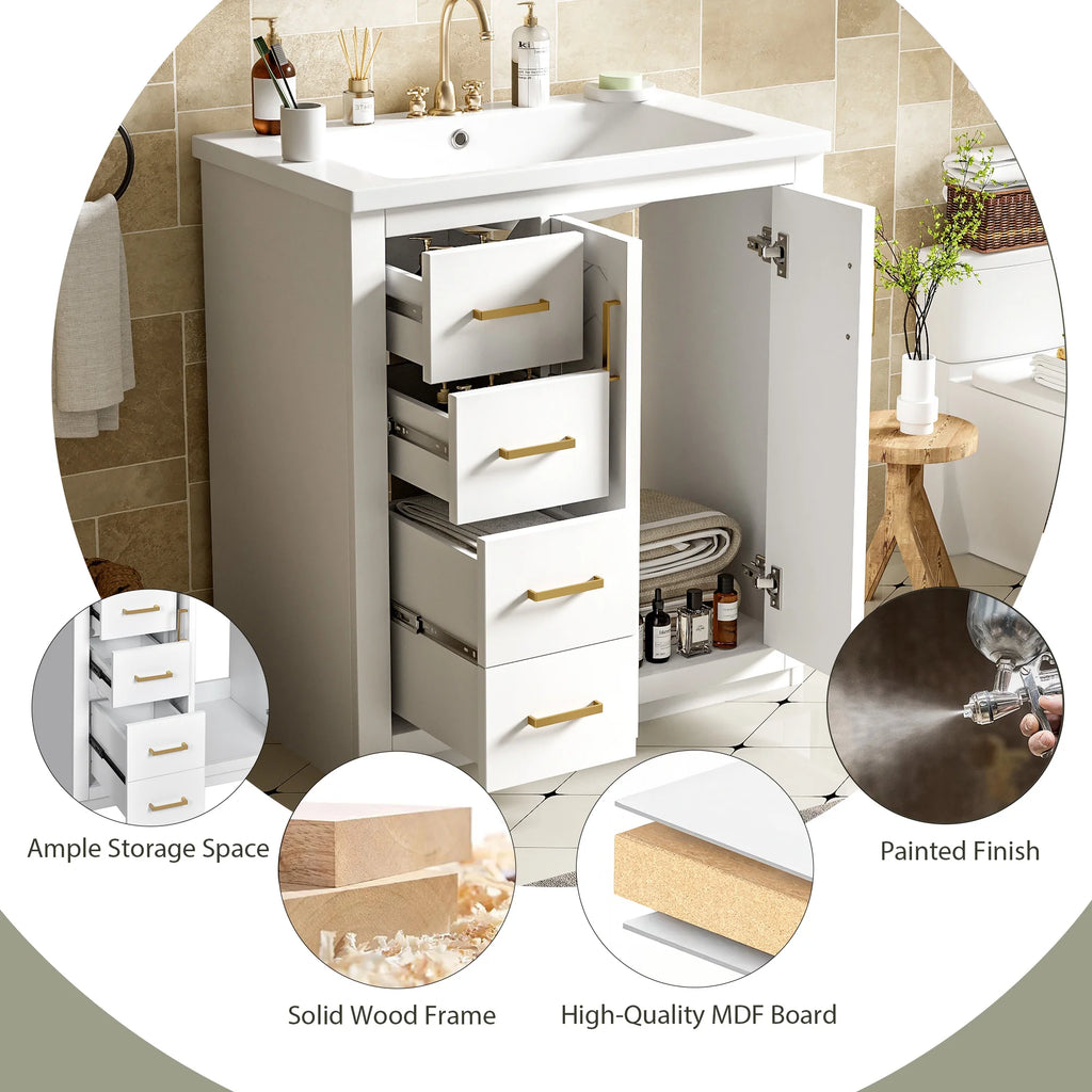 ENSHUI 30-Inch Bathroom Vanity with Ceramic Sink Combo, Solid Wood Frame, 4 Drawers, Soft Closing Doors, Green