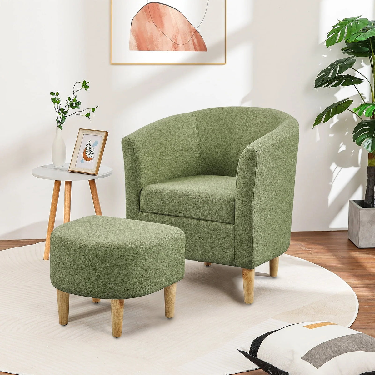 Lohoms Accent Arm Chair With Ottoman Set, Modern Home Leisure Chair with Footrest, Comfy Upholstered Armchair Single Sofa, Reading Chair with Solid Wood Legs for Living Room Bedroom, Gray