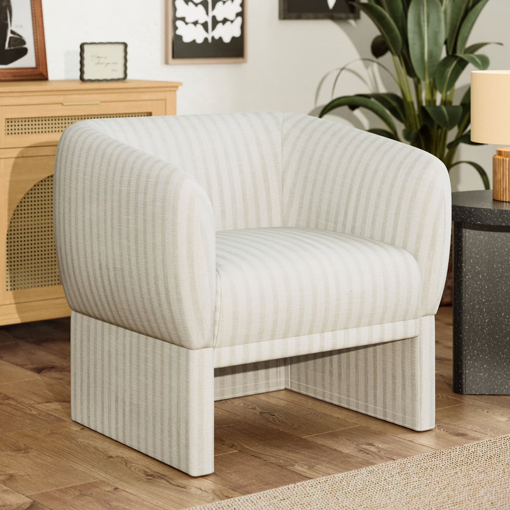 Beautiful Small Space Accent Chair by Drew Barrymore, Beige and White Linen