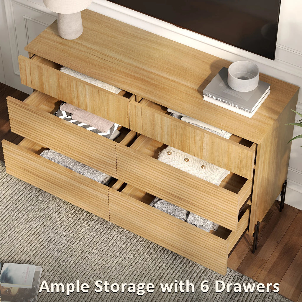 4 Pcs Bedroom Set,6 Drawer Dresser And Nightstand Sets For Bedroom,Night Stand Set Of 2, Modern Accent Cabinet With Hidden Handles, Reed Pattern & Double Chopsticks Legs