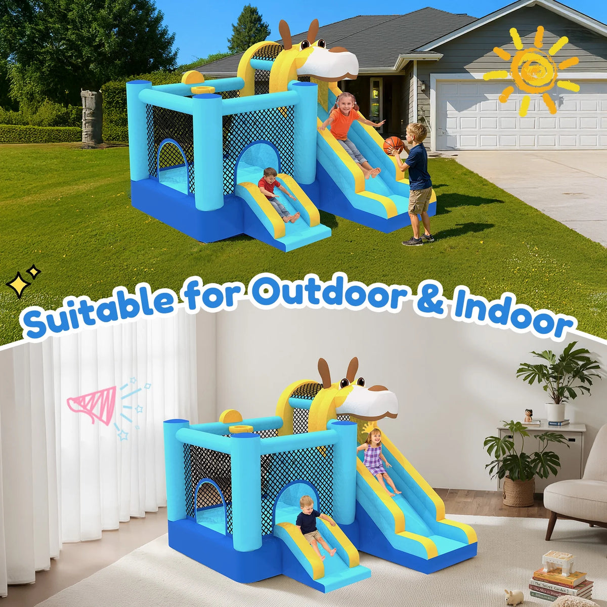 Mukidy 114''x 114'' x 92.5'' Inflatable Bounce Houses for Kids 3-10 with Blower Double Slide and Ball Pit/Indoor Bouncy House, PVC, Child, Teen, Toddler，Blue