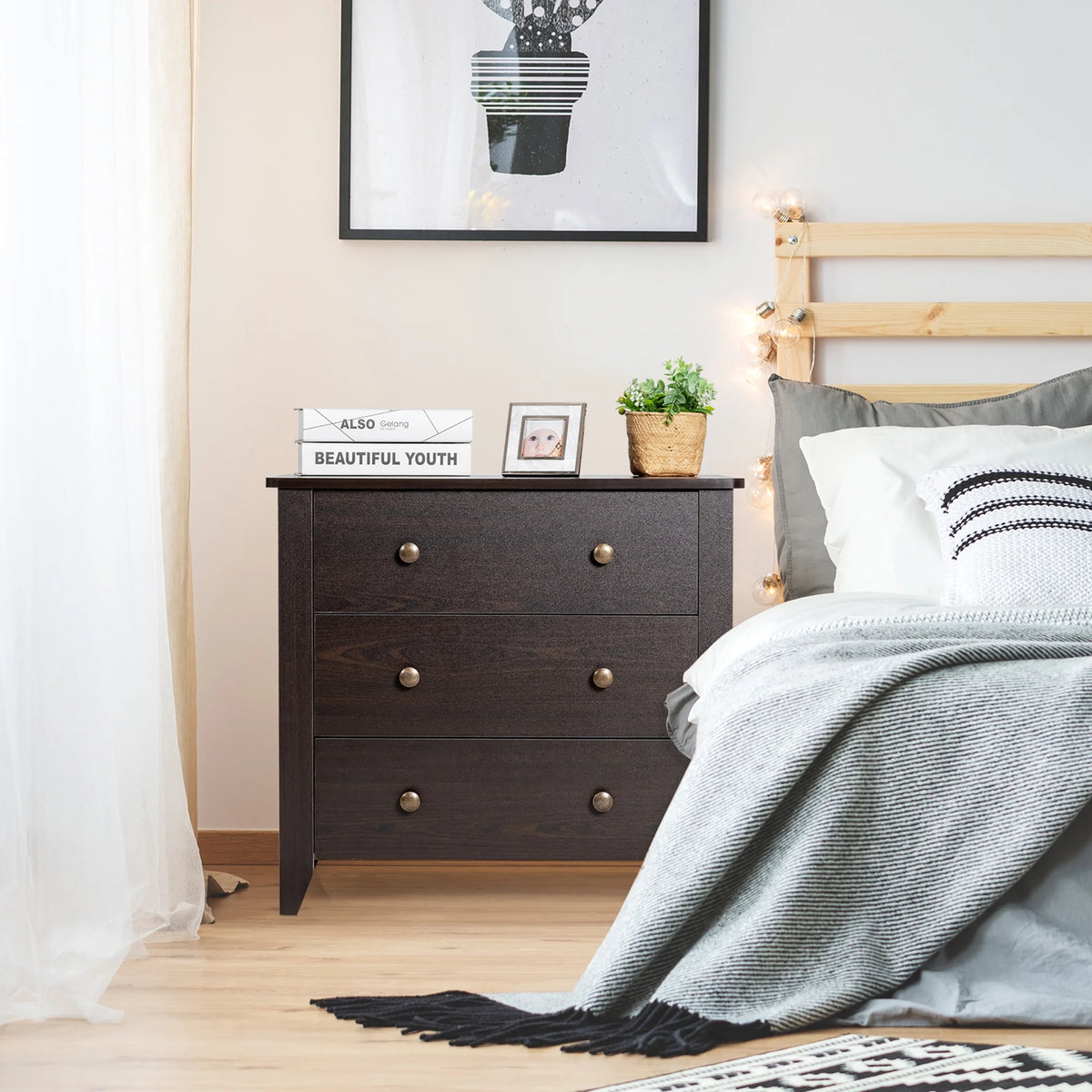 Gymax 3 Drawer Dresser Chest of Drawers Bedside Table for Living Room Bedroom Espresso